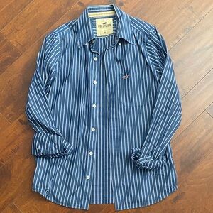 Hollister Blue and White Vertical Stripe Button-Down Shirt